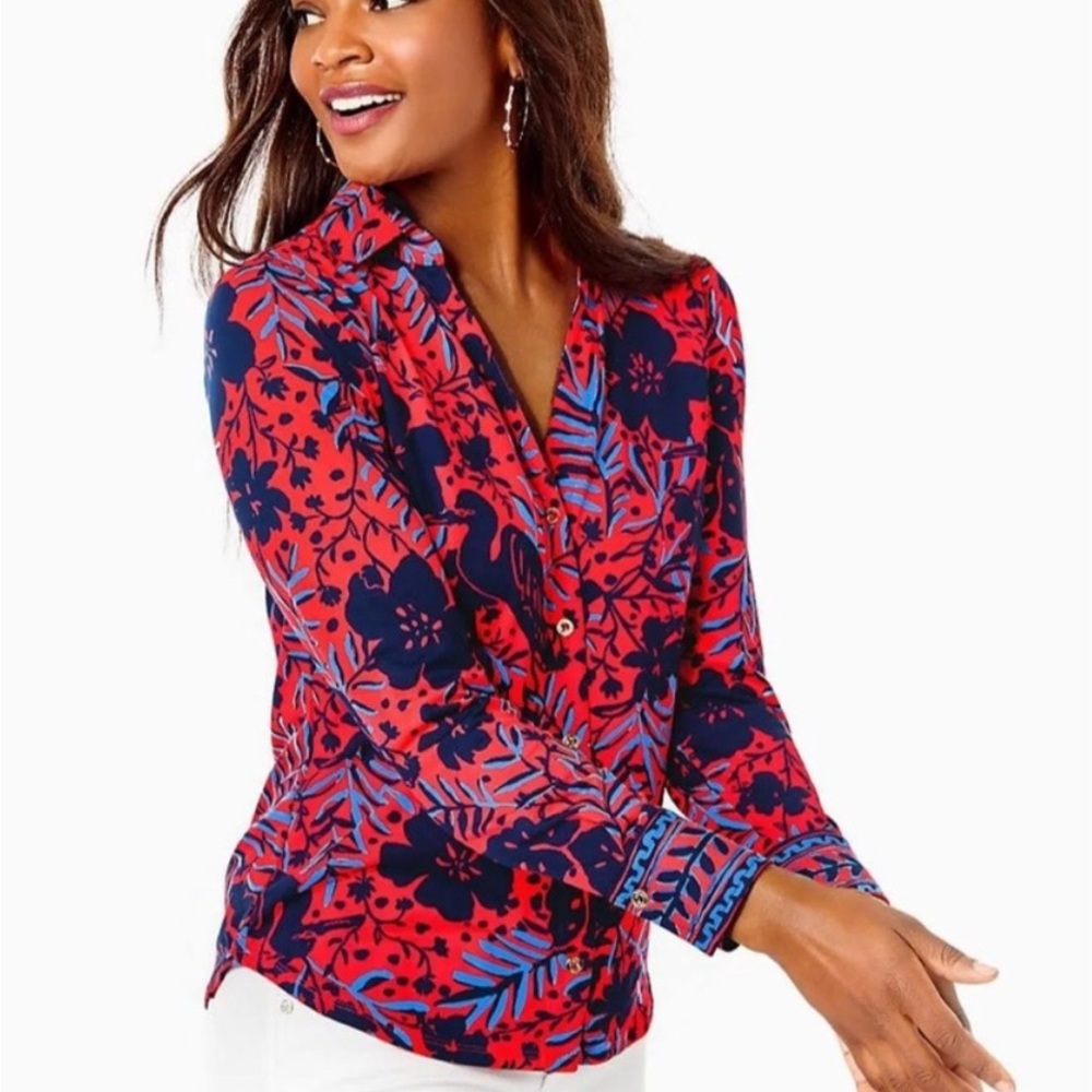 Lily Pulitzer SPF 50 Floral Red and Blue long sleeve Top